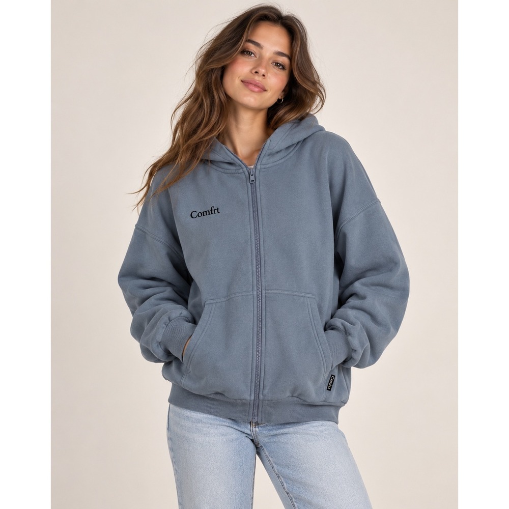 Comfrt Signature Zip Up Hoodie Dusty Blue Oversized Fleece Sweatshirt XS